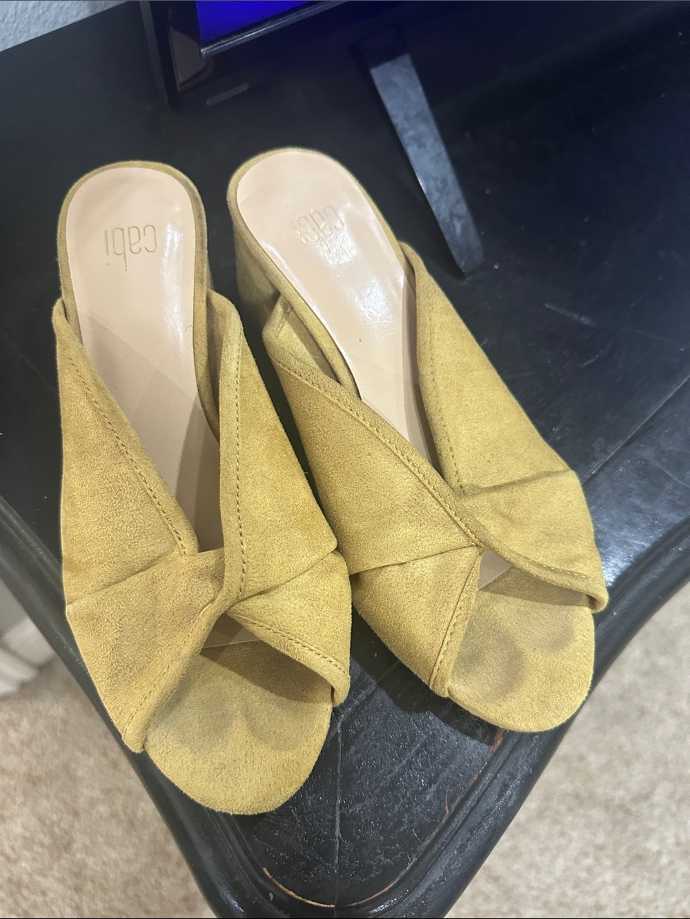 Cabi Suede Knot Slide Sandals in Mustard